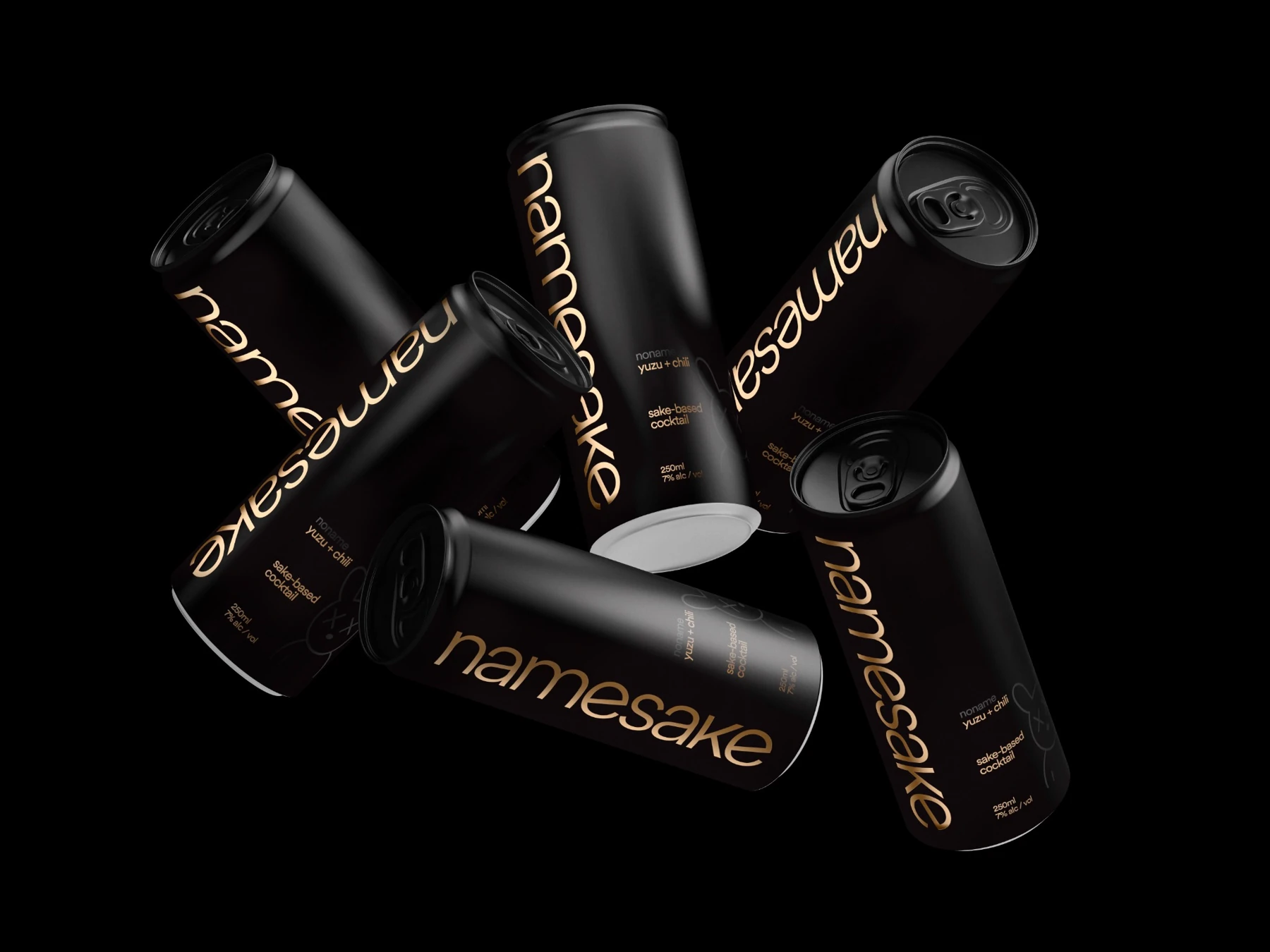 Five matte-black NameSake yuzu and chili cocktail cans suspended in a sculptural arrangement